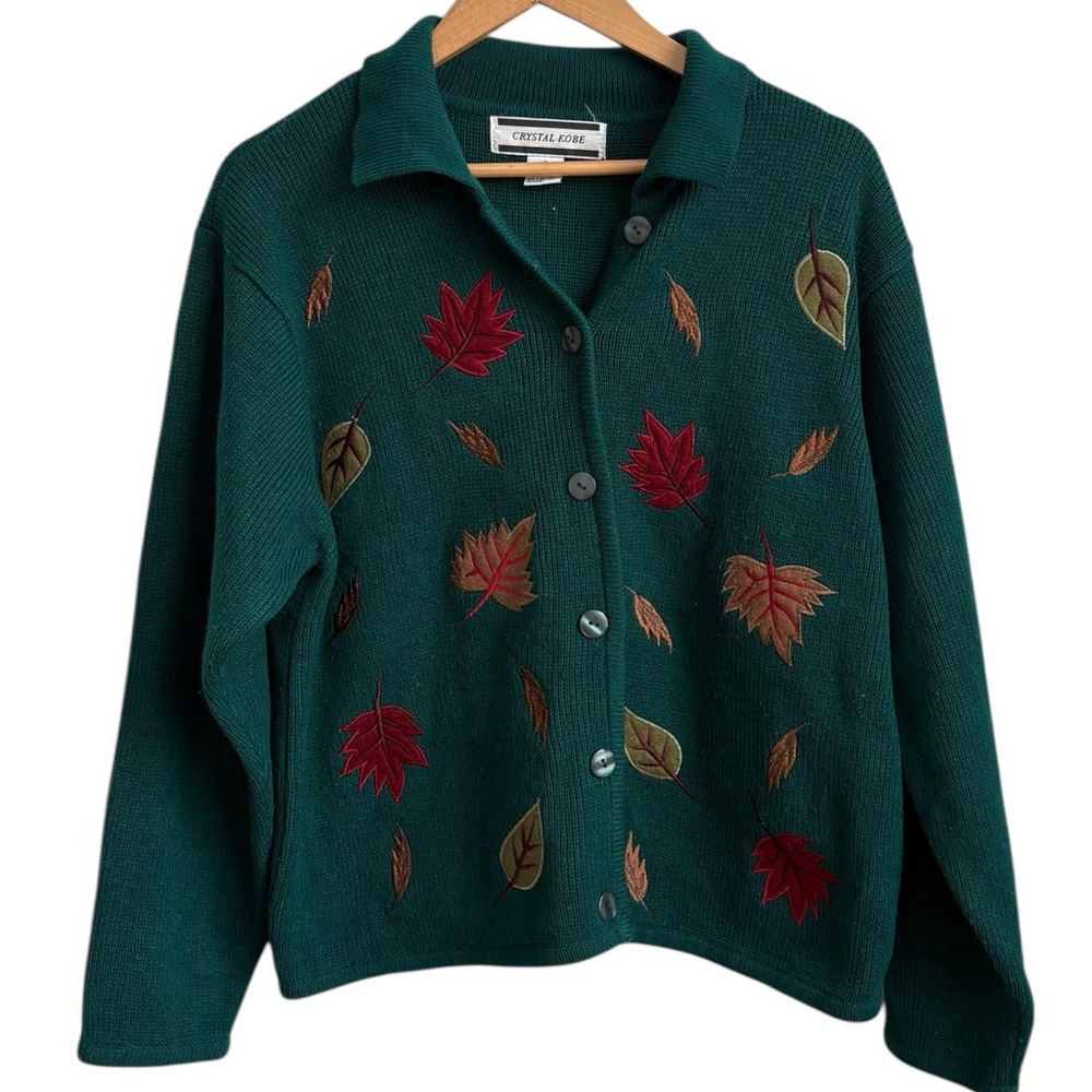 Crystal-Kobe Green Leaf Cardigan Sweater Size XL